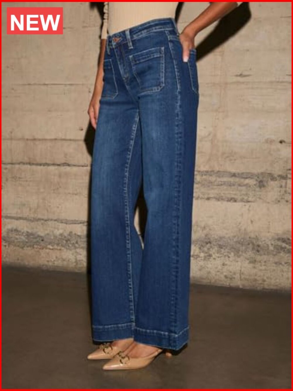 Stretchy High Waisted Straight Leg Wide Leg Jeans with Pockets - Picture 2 of 5